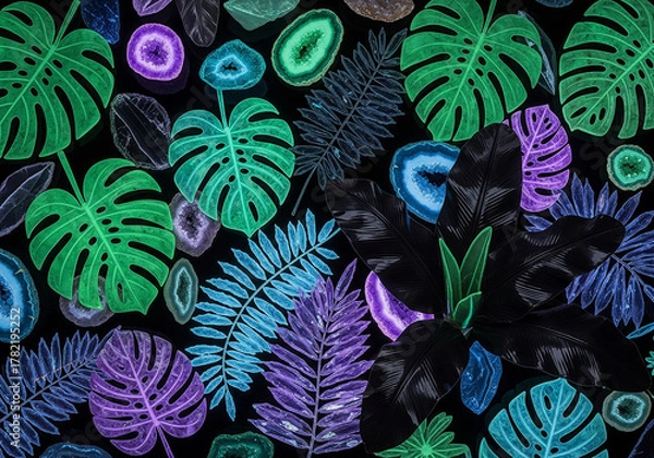 Obraz Tropical Leaf Pattern with Abstract Shapes on Dark Background