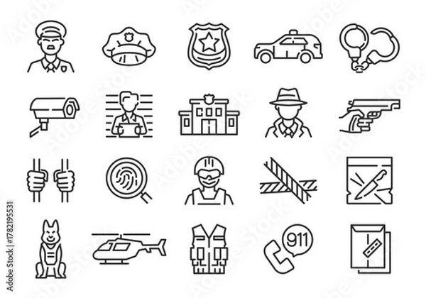 Obraz Police icons. Set of 20 police trendy minimal icons. Badge, Car, Handcuffs, Gun, Jail icon. Design signs for web page mobile app packaging design. Vector illustration