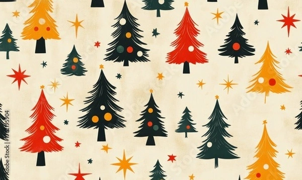 Obraz Retro pattern with stars and trees, creating a nostalgic Christmas background concept. The design offers a festive, retro aesthetic, perfect for holiday decorations, greeting cards, Generative AI