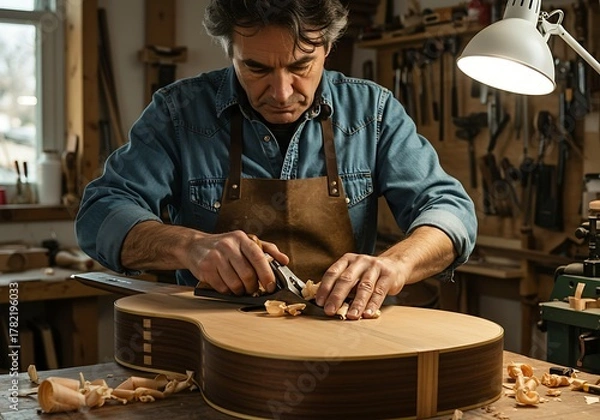 Obraz Skilled luthier meticulously crafting a wooden acoustic guitar in his workshop.