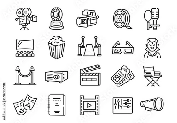 Obraz Cinema icons. Set of 20 cinema trendy minimal icons. Camera, Clapper, Popcorn, Projector, Ticket icon. Design signs for web page mobile app packaging design. Vector illustration