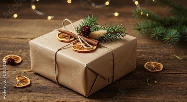 Obraz Rustic Christmas Gift Box Decorated with Natural Elements.