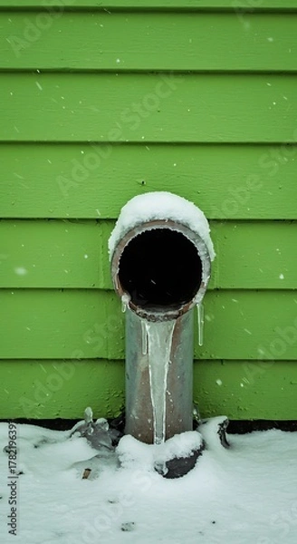 Obraz Snowy Vent Pipe Against Green Siding in Winter.