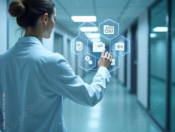 Fototapeta Futuristic Doctor Using Virtual Medical Interface in Hospital