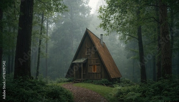 Fototapeta Wooden triangular cabin nestled in the woods during rainy weather