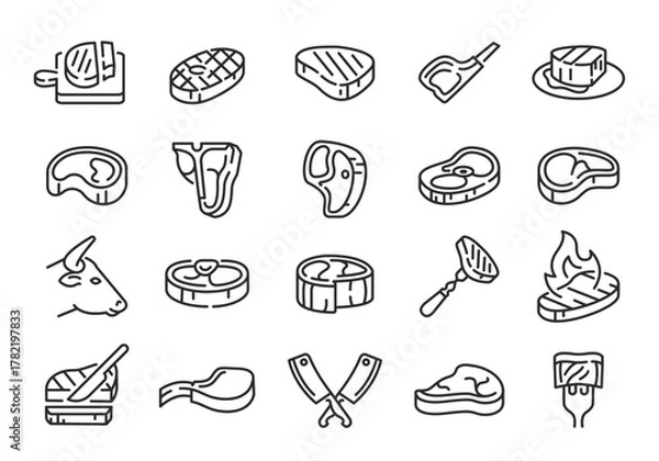 Fototapeta Steak icons. Set of 20 steak trendy minimal icons. Ribeye, Tbone, Grilled, Knife, Flame icon. Design signs for web page mobile app packaging design. Vector illustration