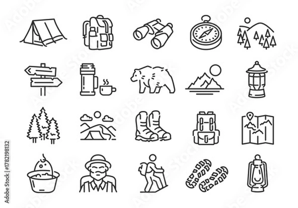 Fototapeta Hiking icons. Set of 20 hiking trendy minimal icons. Tent, Compass, Boots, Backpack, Lantern icon. Design signs for web page mobile app packaging design. Vector illustration