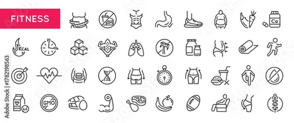 Fototapeta Fitness icons. Large set of fitness trendy minimal icons. Body, Muscle, Scale, Heart, Lungs, Diet, Running icon. Design signs for web page, mobile app, packaging design. Vector illustration