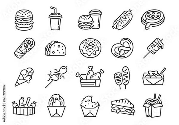 Fototapeta Fast food icons. Set of 20 fast food trendy minimal icons. Burger, Pizza, Donut, Taco, Fries icon. Design signs for web page mobile app packaging design. Vector illustration