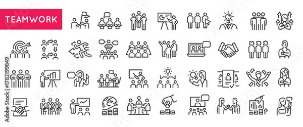Fototapeta Teamwork icons. Large set of teamwork trendy minimal icons. Meeting, Handshake, Presentation, Brainstorm, Group icon. Design signs for web page, mobile app, packaging design. Vector illustration
