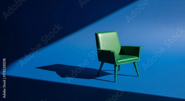 Obraz Green Armchair Casting Shadow on Blue Minimalist Background