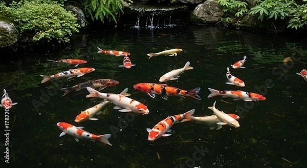 Obraz Vibrant Koi Fish Swimming Gracefully in a Serene Japanese Garden Pond.