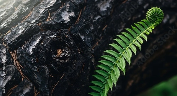 Obraz Vibrant green fern frond unfurling against dark textured bark.