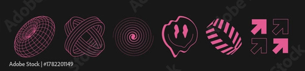 Fototapeta Retro futurism elements. Set of 6 retro style abstract design elements. Example: Torus, Spiral, Smiley, Capsule, Arrows. Design signs for web page, mobile app, packaging design. Vector illustration