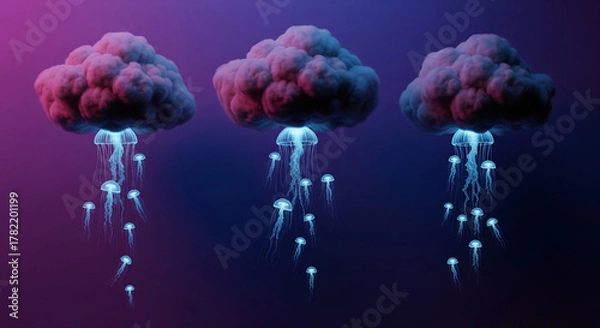 Obraz Dark Clouds Releasing Glowing Jellyfish on Gradient Background