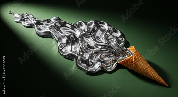 Obraz Waffle Cone Pouring Metallic Liquid on Orange Background