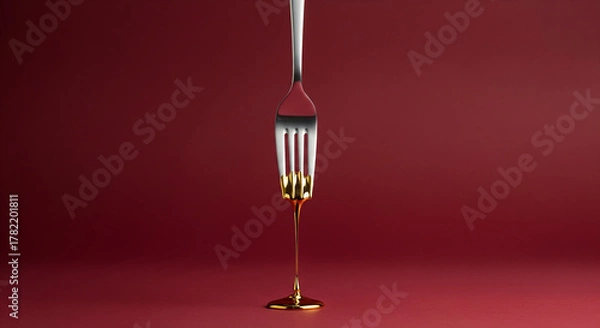 Obraz Fork Dripping Golden Syrup on Red Background