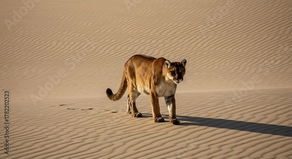 Obraz Majestic puma walking across sunlit sand dunes in a vast desert.