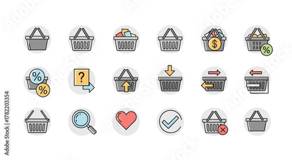 Fototapeta Vivid and minimalistic linear pictogram shopping basket icon pack in color, featuring various e-commerce and online shopping concepts like adding to cart, discounts, search, and favorites, perfect