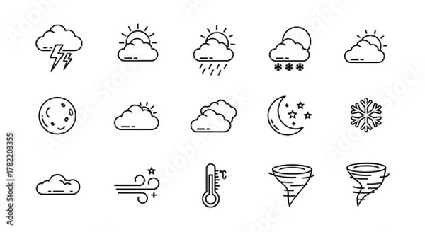 Fototapeta Modern outline style icon set for weather forecasting and design elements, featuring lightning under a cloud, sun behind clouds, rain, snow, moon and stars, snowflake, wind, thermometer, and