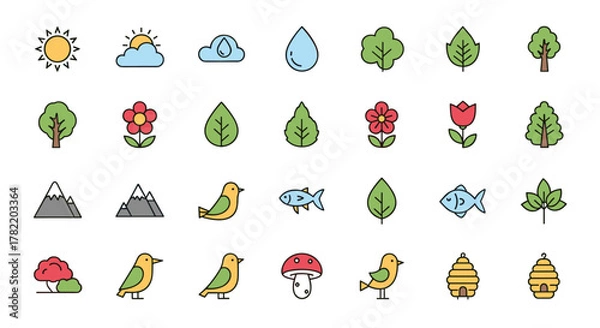 Fototapeta Set of vibrant and simple vector symbols representing nature, including sun, clouds, raindrops, trees, flowers, leaves, mountains, birds, fish, mushrooms, and beehives, perfect for banners