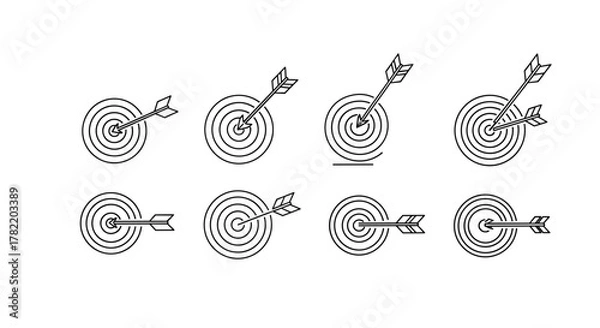 Fototapeta Set of minimalistic pictogram icons representing targets with arrows, drawn with thin lines on a white background. These vector cartoon illustrations depict various target hit scenarios, symbolizing