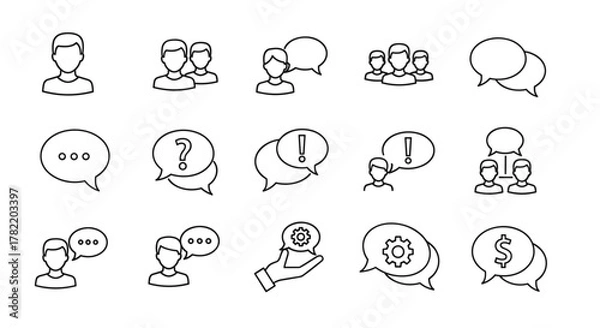 Fototapeta A comprehensive set of line icons representing people and speech bubbles, perfect for graphic and web design, app development, advertising, and various card applications. This vector illustration