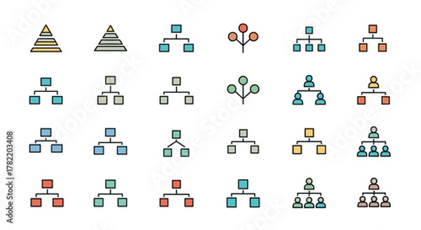 Fototapeta Collection of simple linear filled color icons representing hierarchy and organizational structures, including pyramids, flowcharts, and team structures with people icons, suitable for web design