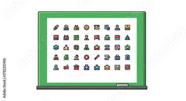 Fototapeta A vibrant collection of minimalistic, filled-color icons presented on a green presentation board, featuring user interface elements, business symbols, and communication graphics, perfect for web and