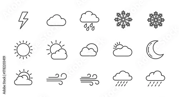 Fototapeta A comprehensive set of thin line weather icons, featuring symbols for lightning, rain, snow, sun, clouds, moon, and wind, presented in a clean, modern outline style suitable for graphic design, web