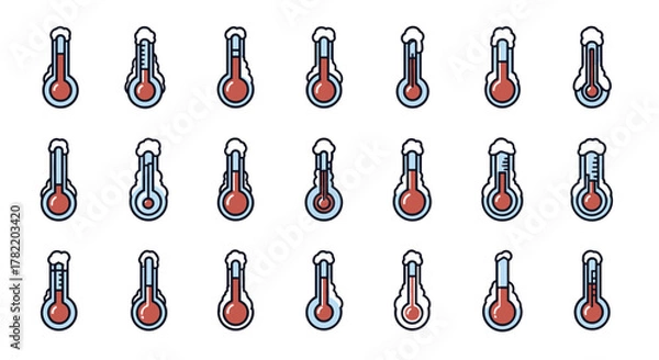 Fototapeta Set of 18 stylized thermometer icons with varying temperature readings, some showing snow or frost, presented in a clean, modern cartoon vector illustration style on a white background, perfect for