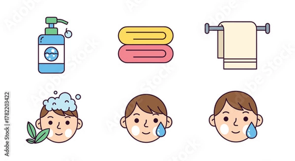 Fototapeta Vibrant flat vector mini-illustrations depicting children's face care essentials, including a soap dispenser, stacked towels, a towel on a rack, a child's face with shampoo and leaves, and a child's