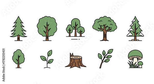 Fototapeta A collection of simple, thin line icons representing various trees, a sapling, a tree stump, a branch with leaves, and mushrooms, all in a cartoon vector style with a clean white background, perfect