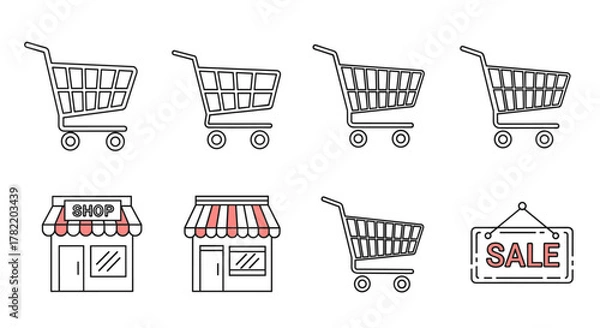 Fototapeta A collection of clean, modern line art icons representing shopping carts, storefronts, and a sale sign, all rendered in a minimalist style on a white background. This vector set is perfect for