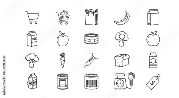 Fototapeta A collection of modern, simple, and clean line art vector icons representing various grocery items and shopping elements, perfect for digital design and e-commerce platforms. Includes shopping carts