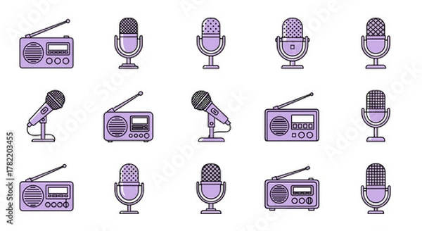 Fototapeta Collection of vintage and modern microphones and radios, perfect for podcasting, broadcasting, music, and audio recording themes. This vector illustration set features clean, flat design icons with a