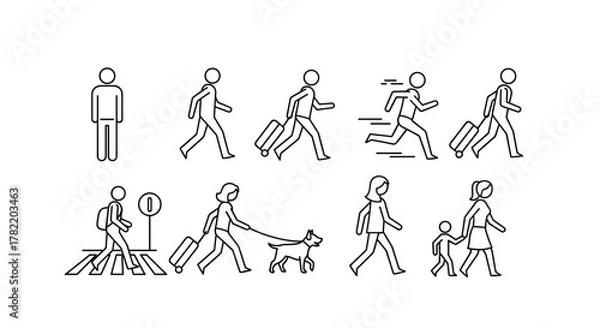 Fototapeta Diverse set of line art icons depicting people in various motion states: standing still, walking, running, and crossing a street, some with luggage, a backpack, a dog on a leash, and a child. This