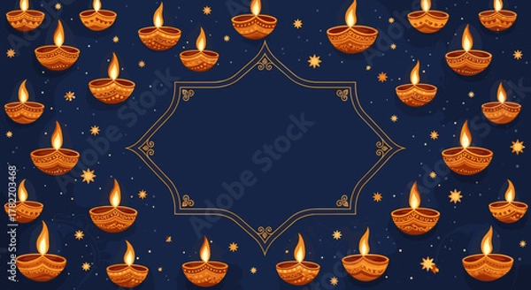 Fototapeta Vibrant Diwali background with traditional diyas illuminating the night sky, adorned with intricate patterns and sparkling stars, offering ample space for text, perfect for festive invitations and