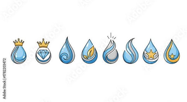 Fototapeta Collection of eight stylized water drop logos, each featuring unique designs like crowns, diamonds, swirling water, leaves, and stars, presented on a clean white background, ideal for branding and