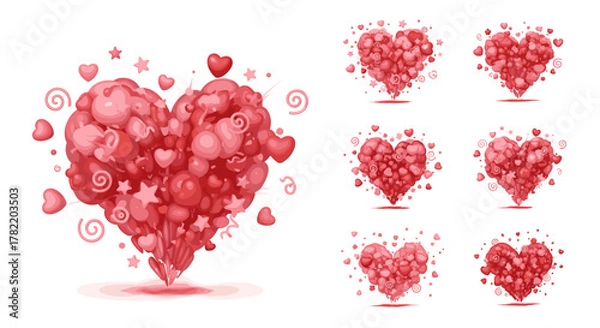 Fototapeta A dynamic 3D animation of a heart shape exploding into a multitude of smaller hearts, stars, and swirls, rendered in vibrant shades of red and pink. This motion graphic, featuring an alpha channel