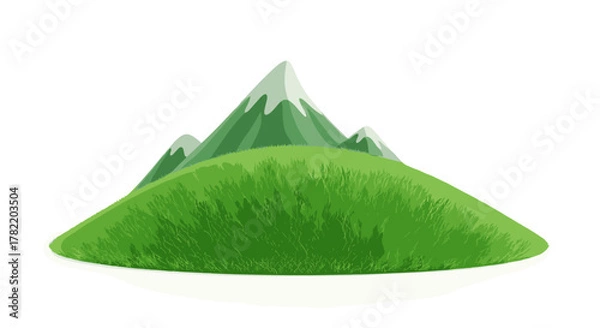 Fototapeta Stylized 3D cartoon illustration of a vibrant green grassy hill with snow-capped mountains in the background, set against a clean white background, perfect for nature-themed designs and children's