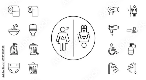 Fototapeta Collection of black and white line icons representing various restroom and bathroom amenities, including toilet paper, sinks, toilets, soap dispensers, trash cans, diapers, hand dryers, accessibility