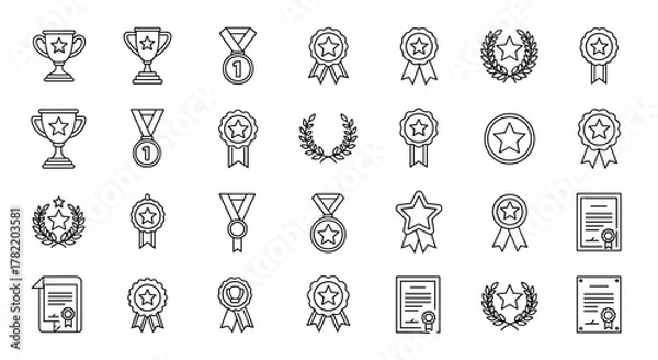 Fototapeta Collection of outline award icons, including trophies, medals, ribbons, laurels, and certificates, perfect for representing competition, achievement, and success in infographics, articles, books