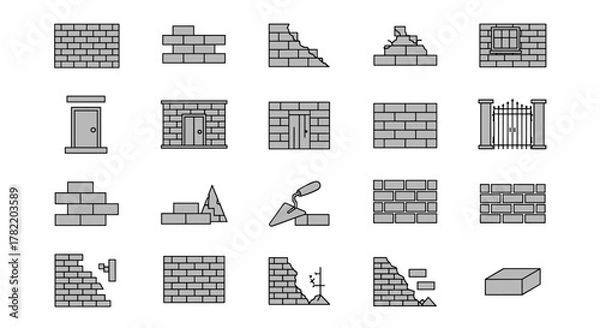 Fototapeta Collection of simple, isolated line icons representing brick walls, doors, gates, and construction elements, suitable for web, books, cards, and apps. This editable stroke vector cartoon illustration