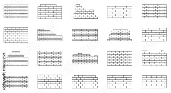 Fototapeta Collection of diverse brick wall outline illustrations, featuring clean editable strokes, perfect for infographics, articles, books, flyers, and banners, presented as a vector cartoon illustration