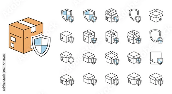 Fototapeta Set of isometric icons representing secure package delivery, featuring cardboard boxes protected by shields, symbolizing safety and reliability for logistics, e-commerce, and shipping services