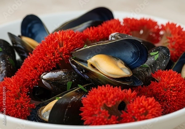 Fototapeta Mussels with Red Seaweed - A Culinary Delight.