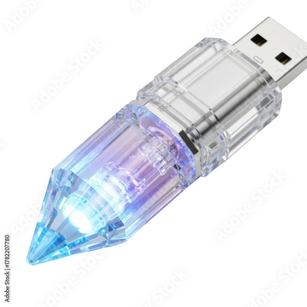 Obraz Crystal Shaped USB Flash Drive with Blue and Purple Light Illumination Keywords: USB, flash drive, storage, memory, data, technology, digital, electronic isolated on a transparent background