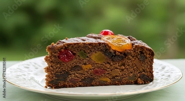 Obraz Slice of Rich Fruitcake with Candied Fruit Topping on a White Plate.