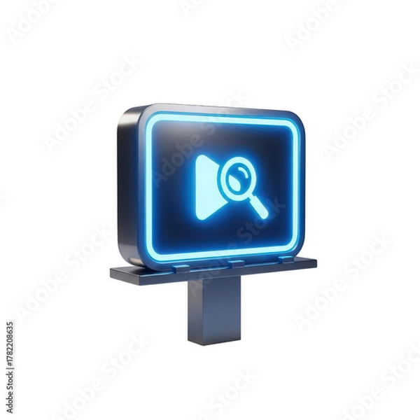 Obraz Digital Billboard Displaying a Play Button and Magnifying Glass Icon with Neon Blue Light image (490 isolated on a transparent background